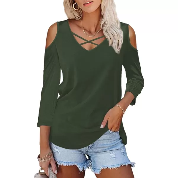 Amoretu Womens Summer Shirts 34 Long Sleeve V Neck Criss Cross Cold Shoulder Tops BlouseGreen