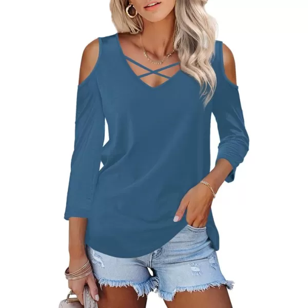 Amoretu Womens Summer Shirts 34 Long Sleeve V Neck Criss Cross Cold Shoulder Tops BlouseInk Blue