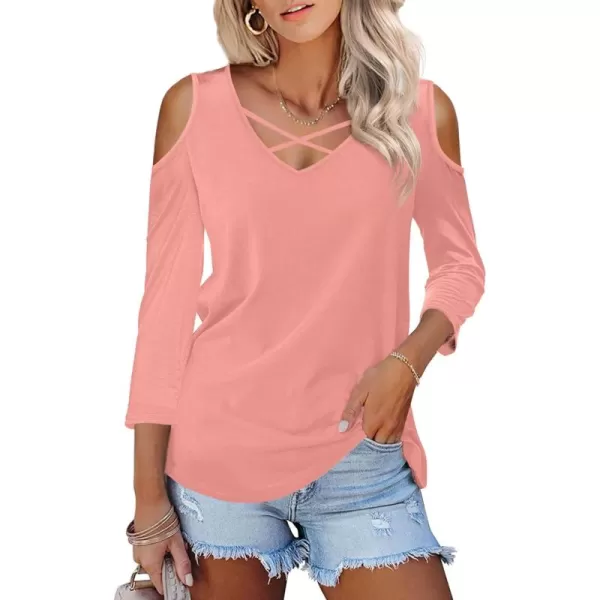 Amoretu Womens Summer Shirts 34 Long Sleeve V Neck Criss Cross Cold Shoulder Tops BlousePink