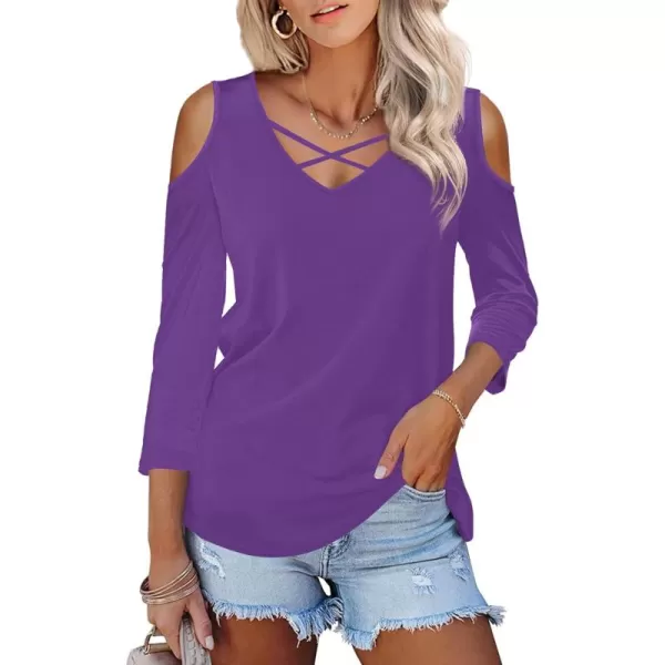 Amoretu Womens Summer Shirts 34 Long Sleeve V Neck Criss Cross Cold Shoulder Tops BlousePurple