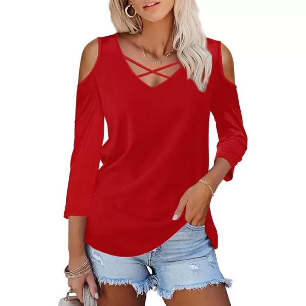 Amoretu Womens Summer Shirts 34 Long Sleeve V Neck Criss Cross Cold Shoulder Tops BlouseRed