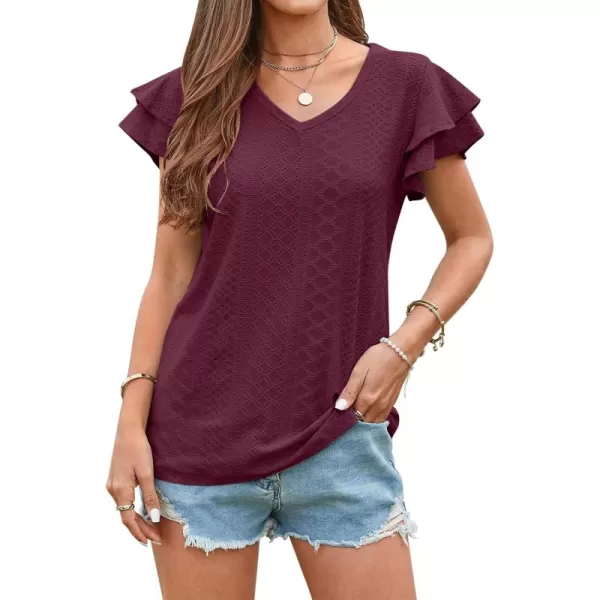 Amoretu Womens Summer Tops V Neck Ruffle Short Sleeve T Shirts Eyelet Loose FitWine Red