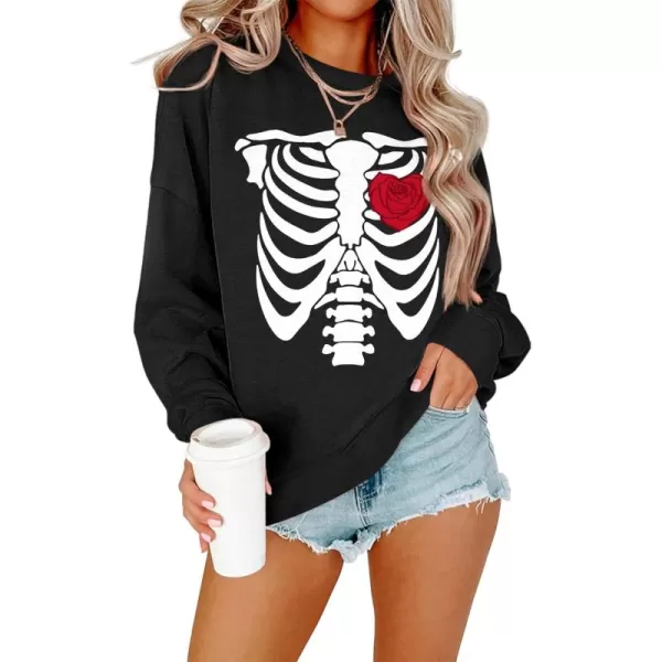 Amoretu Womens Sweatshirts Skeleton Funny Graphic Casual Long Sleeve Top Novelty Horror Pullover ShirtsBlackWhite Skull