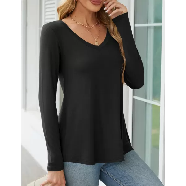 Amoretu Long Sleeve Swing Shirts for Women V Neck T Shirts Loose Fit Tops CasualBlack