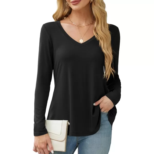 Amoretu Long Sleeve Swing Shirts for Women V Neck T Shirts Loose Fit Tops CasualBlack