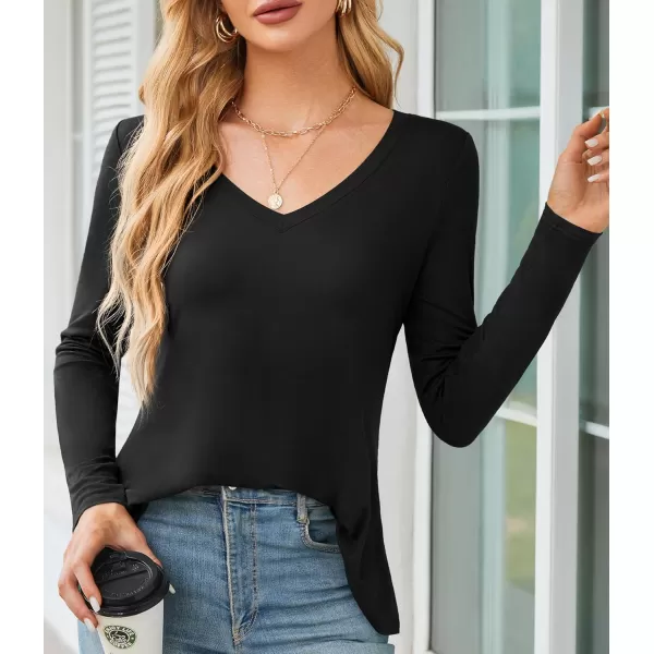 Amoretu Long Sleeve Swing Shirts for Women V Neck T Shirts Loose Fit Tops CasualBlack