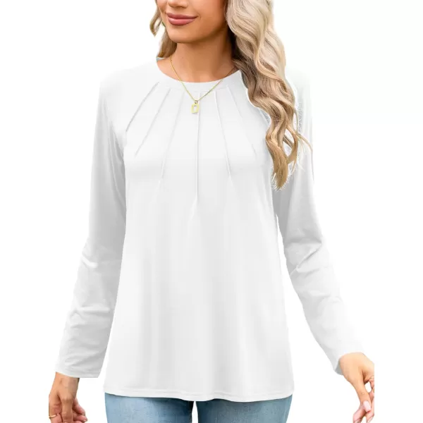 Amoretu Womens Long Sleeve Shirt Crewneck T Shirts Pleated Casual Fall Tops Loose FitWhite