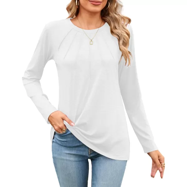 Amoretu Womens Long Sleeve Shirt Crewneck T Shirts Pleated Casual Fall Tops Loose FitWhite