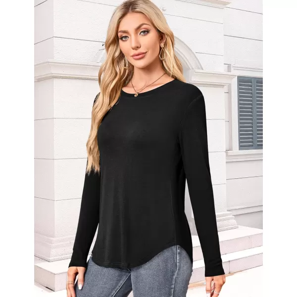 Amoretu Womens Long Sleeve T Shirts Crew Neck Shirt Curved Hem Tops Loose Fit Basic TeeBlack