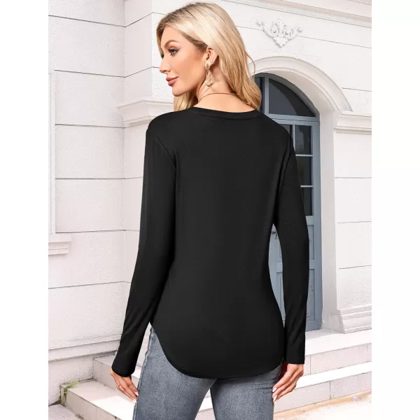 Amoretu Womens Long Sleeve T Shirts Crew Neck Shirt Curved Hem Tops Loose Fit Basic TeeBlack