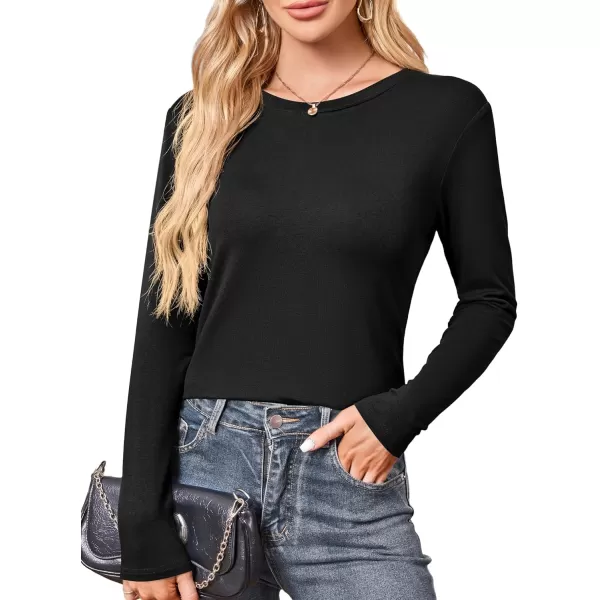 Amoretu Womens Long Sleeve T Shirts Crew Neck Shirt Curved Hem Tops Loose Fit Basic TeeBlack