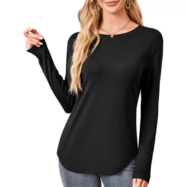 Amoretu Womens Long Sleeve T Shirts Crew Neck Shirt Curved Hem Tops Loose Fit Basic TeeBlack