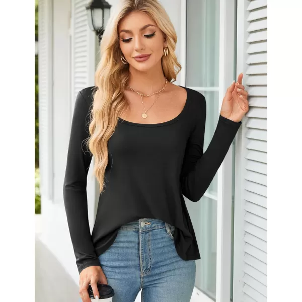 Amoretu Womens Scoop Neck Tshirt Long Sleeve Shirts Swing Tunic Tops Loose FitBlack
