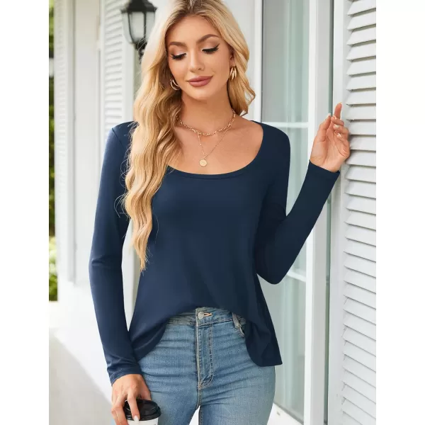 Amoretu Womens Scoop Neck Tshirt Long Sleeve Shirts Swing Tunic Tops Loose FitNavy Blue