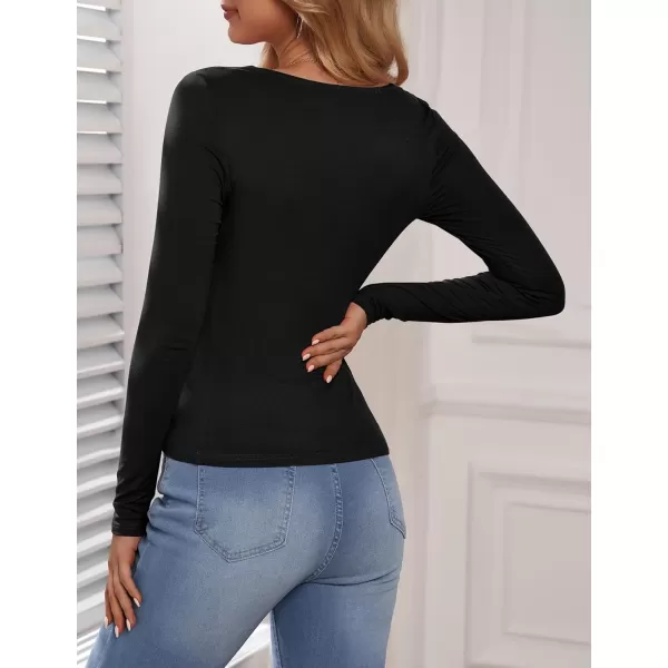 Amoretu Womens Sexy Long Sleeve Tops Ruched Square Neck ShirtsBlack