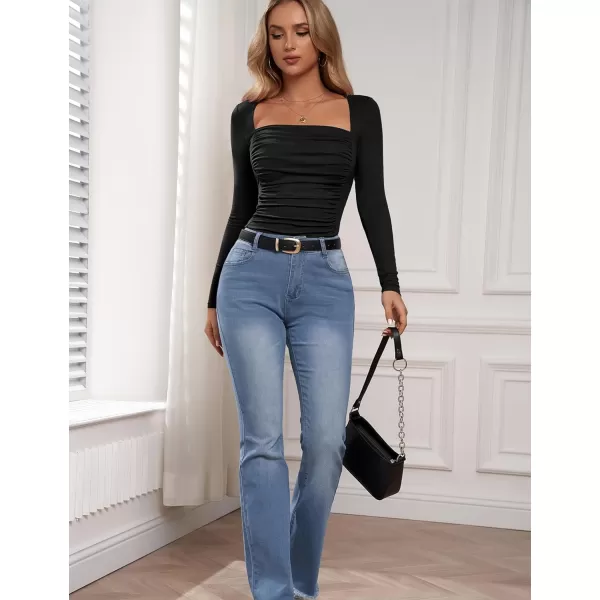 Amoretu Womens Sexy Long Sleeve Tops Ruched Square Neck ShirtsBlack