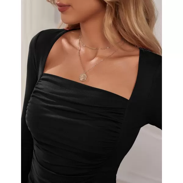 Amoretu Womens Sexy Long Sleeve Tops Ruched Square Neck ShirtsBlack