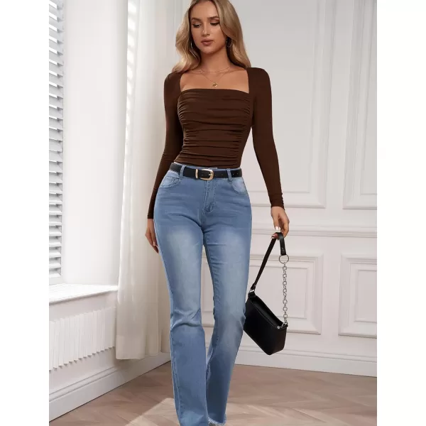 Amoretu Womens Sexy Long Sleeve Tops Ruched Square Neck ShirtsCoffee