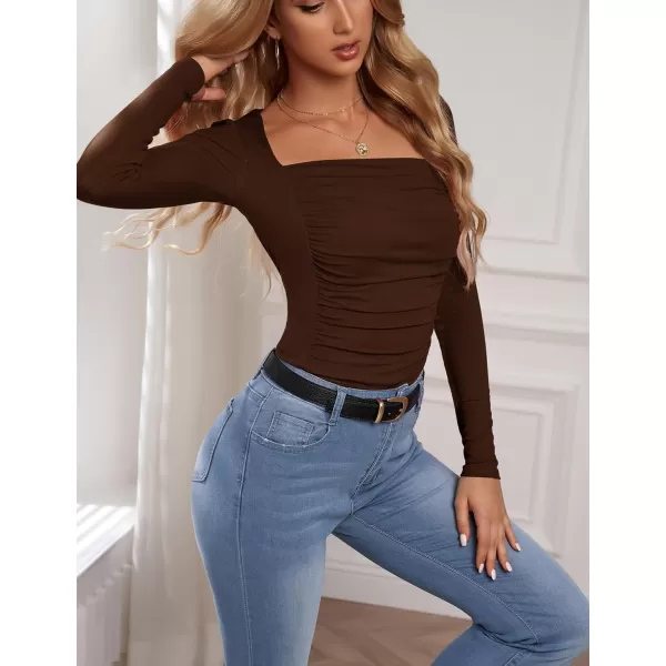 Amoretu Womens Sexy Long Sleeve Tops Ruched Square Neck ShirtsCoffee