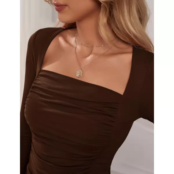 Amoretu Womens Sexy Long Sleeve Tops Ruched Square Neck ShirtsCoffee