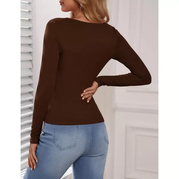 Amoretu Womens Sexy Long Sleeve Tops Ruched Square Neck ShirtsCoffee