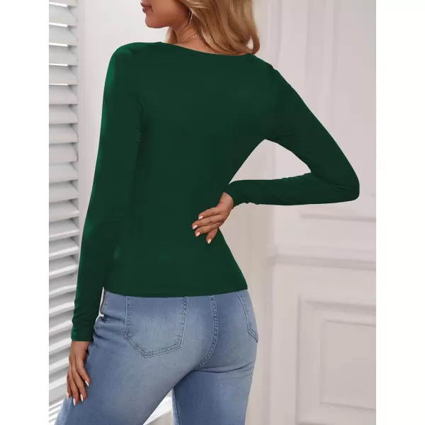Amoretu Womens Sexy Long Sleeve Tops Ruched Square Neck ShirtsDark Green