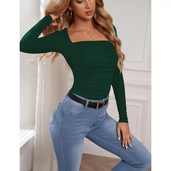 Amoretu Womens Sexy Long Sleeve Tops Ruched Square Neck ShirtsDark Green