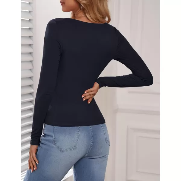 Amoretu Womens Sexy Long Sleeve Tops Ruched Square Neck ShirtsNavy Blue