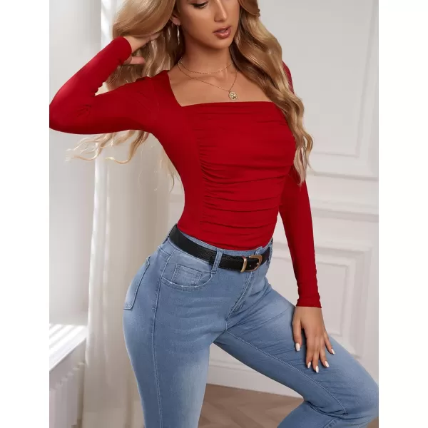 Amoretu Womens Sexy Long Sleeve Tops Ruched Square Neck ShirtsRed