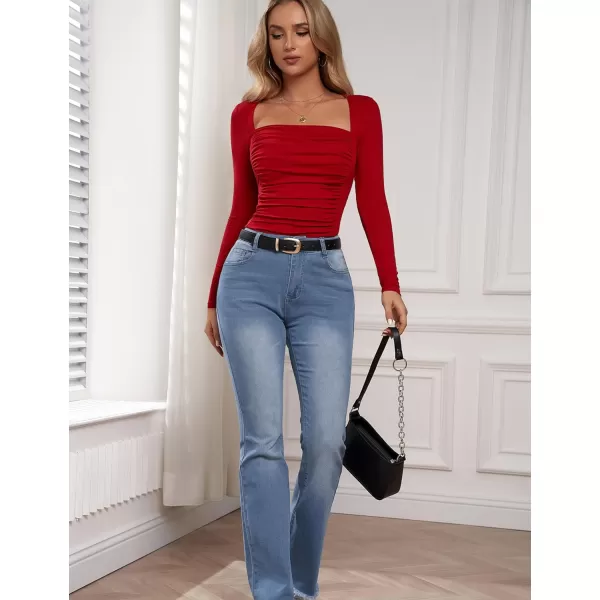 Amoretu Womens Sexy Long Sleeve Tops Ruched Square Neck ShirtsRed