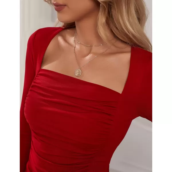 Amoretu Womens Sexy Long Sleeve Tops Ruched Square Neck ShirtsRed
