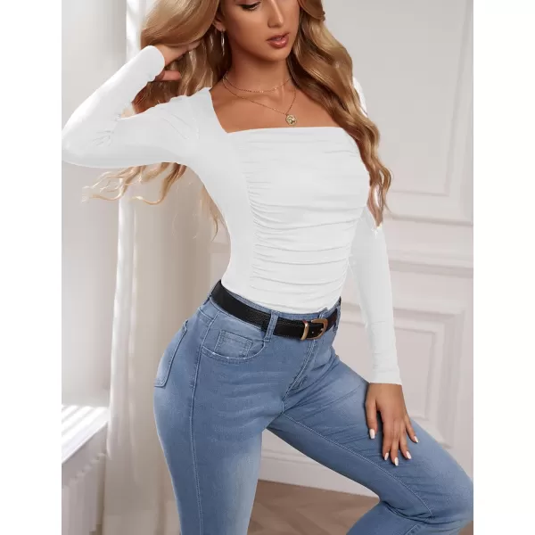 Amoretu Womens Sexy Long Sleeve Tops Ruched Square Neck ShirtsWhite