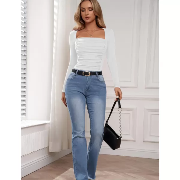 Amoretu Womens Sexy Long Sleeve Tops Ruched Square Neck ShirtsWhite