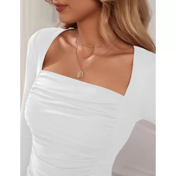 Amoretu Womens Sexy Long Sleeve Tops Ruched Square Neck ShirtsWhite