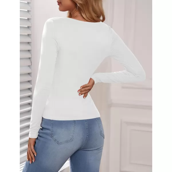 Amoretu Womens Sexy Long Sleeve Tops Ruched Square Neck ShirtsWhite