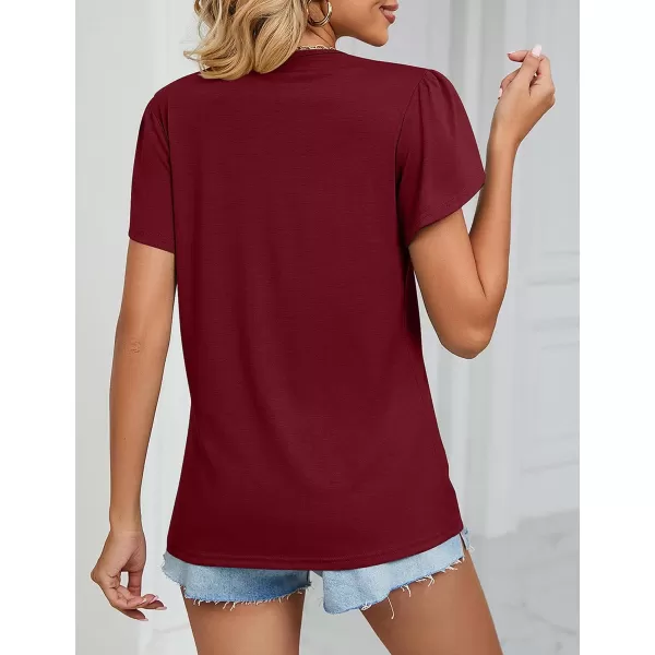 Amoretu Womens Summer Tops 2024 Petal Sleeve Lace V Neck Shirts Casual BlouseBurgundy