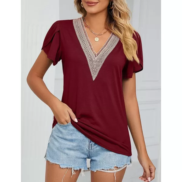 Amoretu Womens Summer Tops 2024 Petal Sleeve Lace V Neck Shirts Casual BlouseBurgundy