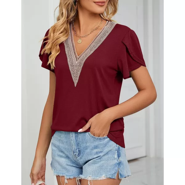 Amoretu Womens Summer Tops 2024 Petal Sleeve Lace V Neck Shirts Casual BlouseBurgundy