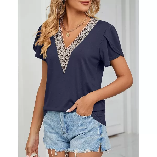 Amoretu Womens Summer Tops 2024 Petal Sleeve Lace V Neck Shirts Casual BlouseNavy Blue