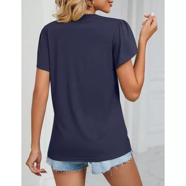 Amoretu Womens Summer Tops 2024 Petal Sleeve Lace V Neck Shirts Casual BlouseNavy Blue