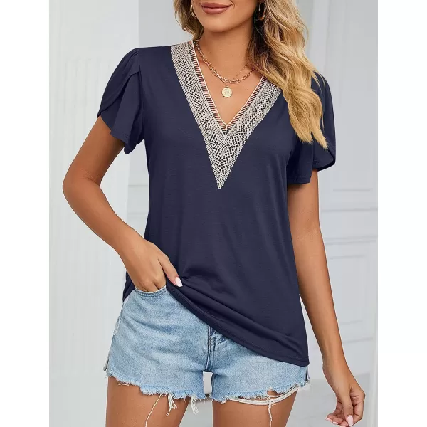 Amoretu Womens Summer Tops 2024 Petal Sleeve Lace V Neck Shirts Casual BlouseNavy Blue