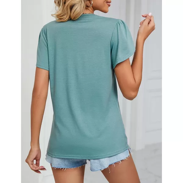 Amoretu Womens Summer Tops 2024 Petal Sleeve Lace V Neck Shirts Casual BlouseTurquoise
