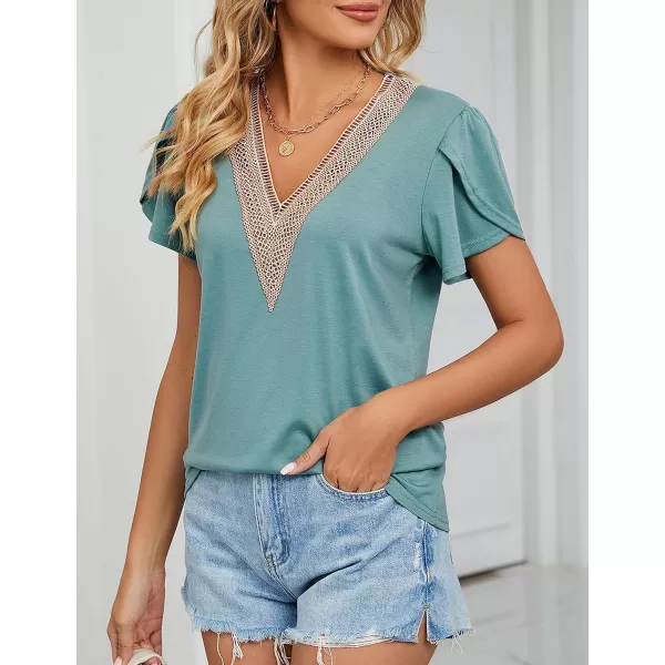 Amoretu Womens Summer Tops 2024 Petal Sleeve Lace V Neck Shirts Casual BlouseTurquoise