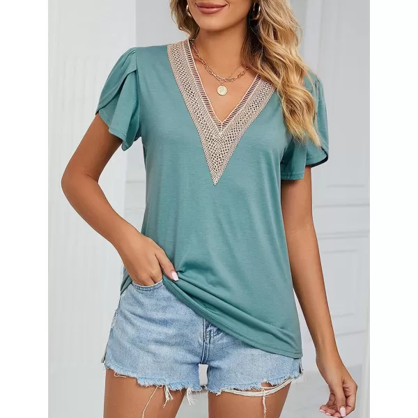 Amoretu Womens Summer Tops 2024 Petal Sleeve Lace V Neck Shirts Casual BlouseTurquoise