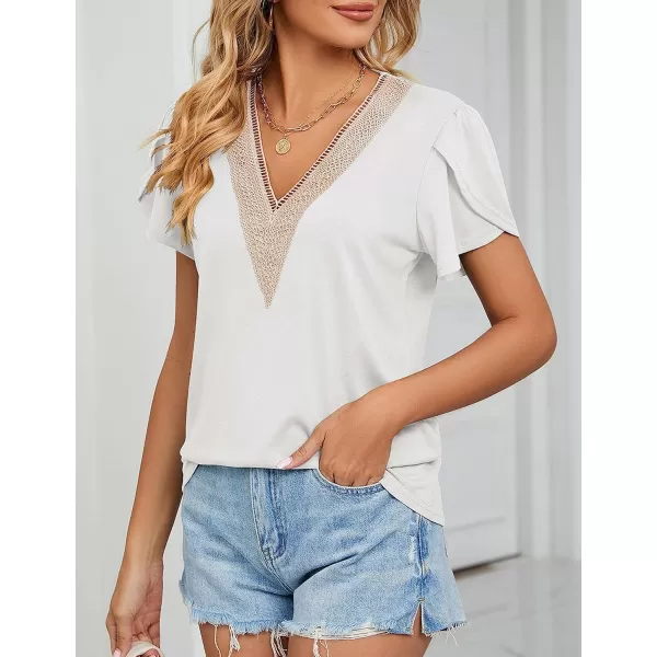 Amoretu Womens Summer Tops 2024 Petal Sleeve Lace V Neck Shirts Casual BlouseWhite
