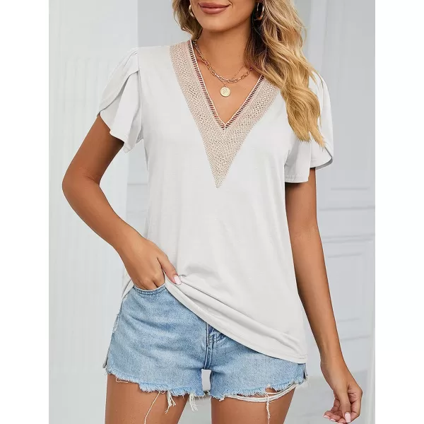 Amoretu Womens Summer Tops 2024 Petal Sleeve Lace V Neck Shirts Casual BlouseWhite