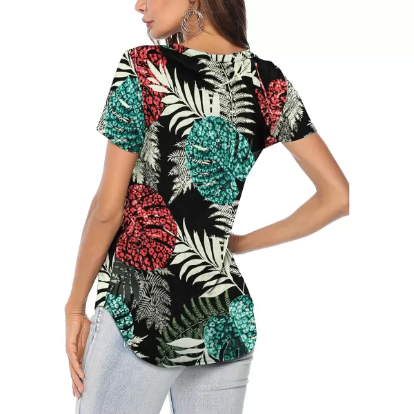 Amoretu Womens T Shirts V Neck Short Sleeve Tshirt Basic Tee Curved Hem TopsBlack Leaves