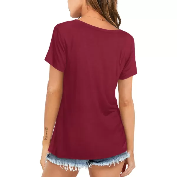 Amoretu Womens Tshirts V Neck Short Sleeve Tops Tee Solid Color BlouseBurgundy