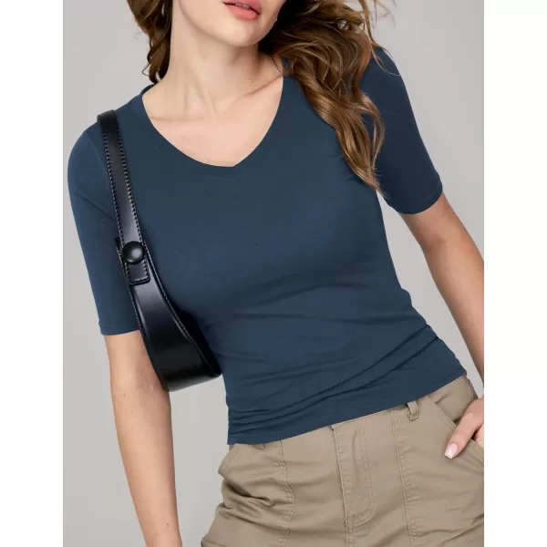 Amoretu Womens V Neck T Shirts Slim Fitted Half Sleeve Tops Basic TeesNavy Blue