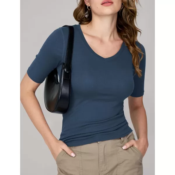 Amoretu Womens V Neck T Shirts Slim Fitted Half Sleeve Tops Basic TeesNavy Blue